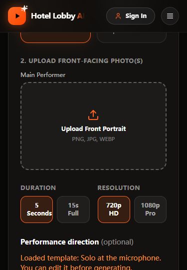 Mobile generator showing portrait upload, 5-second and 720p settings, and an editable Solo template direction